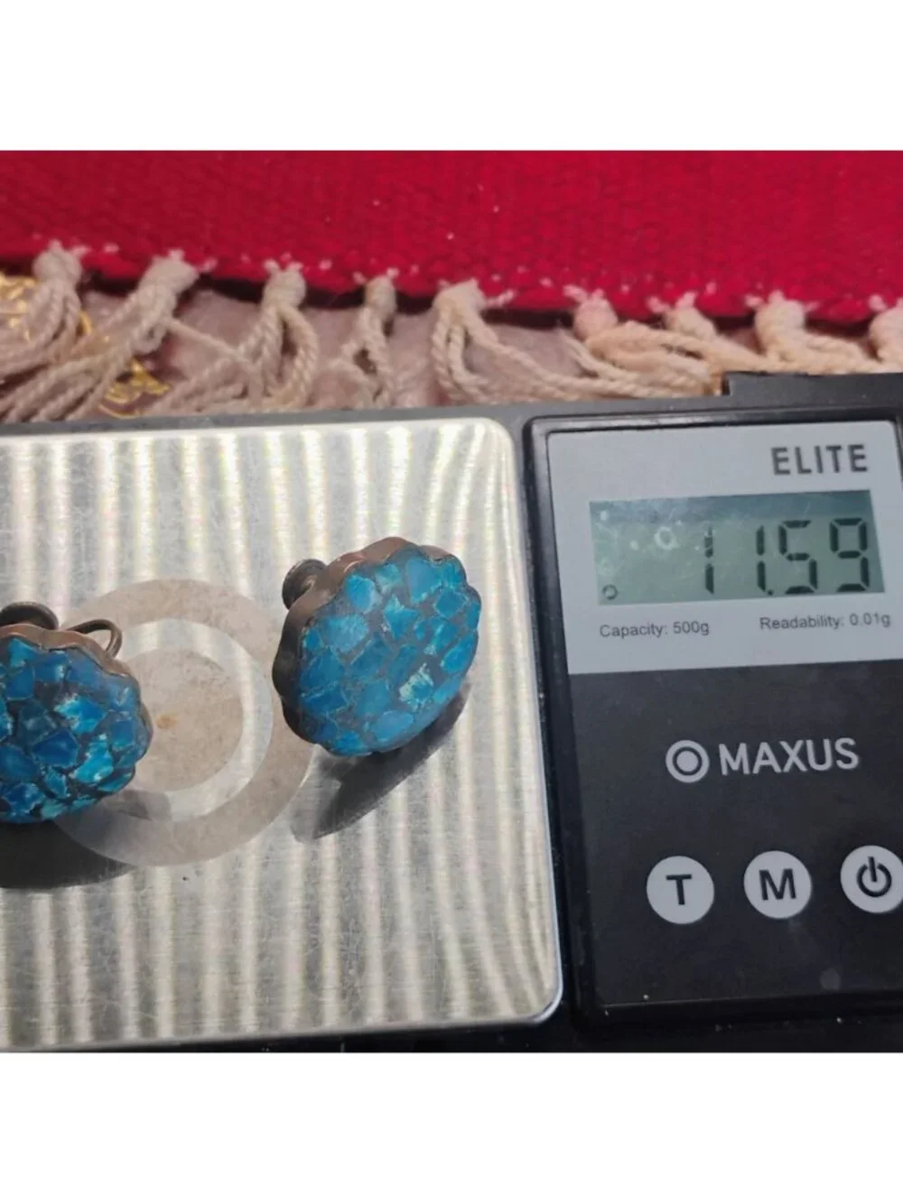 Vtg Inlay Turquoise Mosaic Brass Screw Back Earrings Round Scalloped Edges 7/8" - Picture 7 of 8